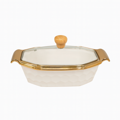 Rectangular Ceramic Serving Dish with Glass Lid – White &amp; Gold