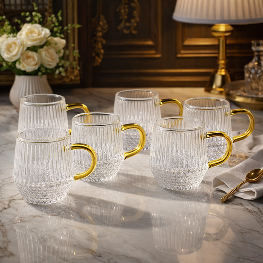 Textured Glass Mug Set of 6  with Golden Handle – Elegant Tea & Coffee Cup