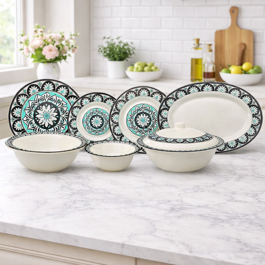 Ebony Symphony Dinner Set – Harmonious Elegance in Black, White & Teal (22 / 30 / 43 PCS)