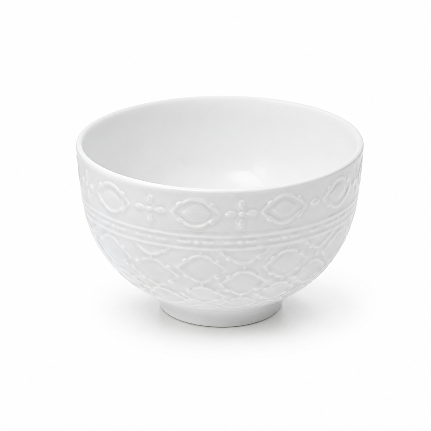 Small Round White Bowl – Embossed Decorative Serving Bowl - Habitt