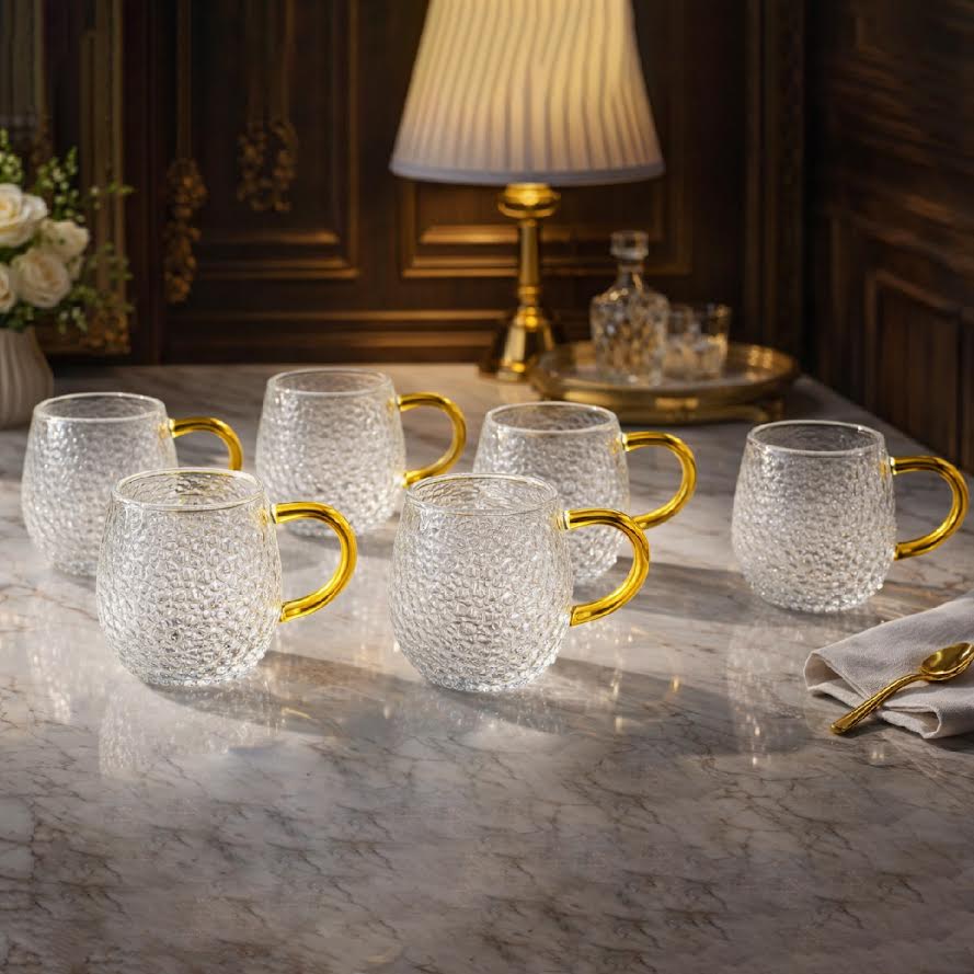 Textured Glass Mug Set pack of 6 with Golden Handle – Elegant Tea & Coffee Cups