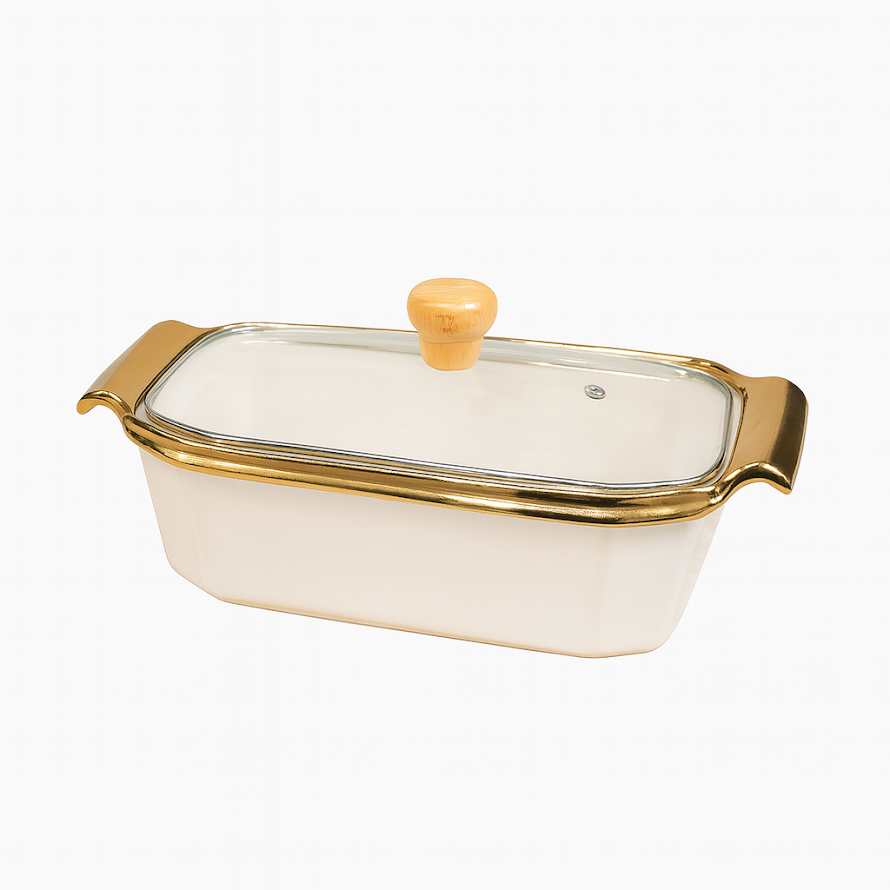 Rectangular Ceramic Serving Dish with Glass Lid – White & Gold