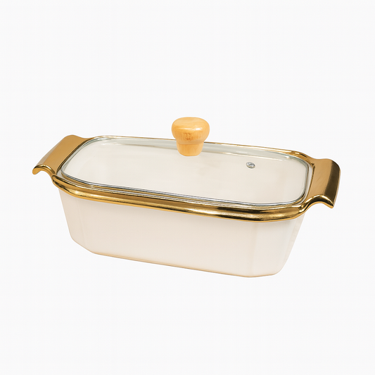 Rectangular Ceramic Serving Dish with Glass Lid – White & Gold