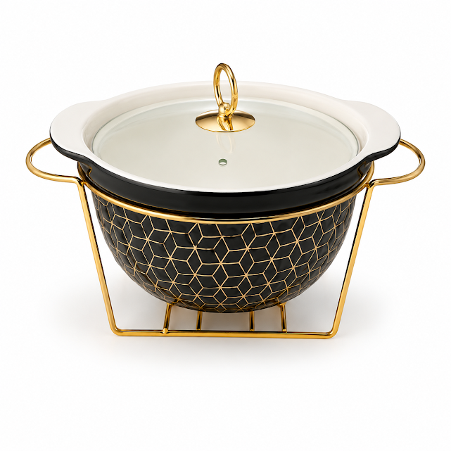 Premium 10.5 Inch Round Casserole – Black & Gold Serving Dish
