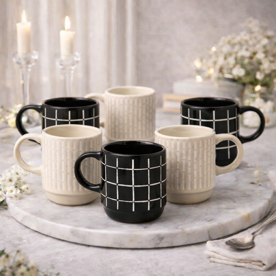 Pack of 6 Ceramic Grid Pattern Mug Set – Black & Beige Coffee & Tea Cups