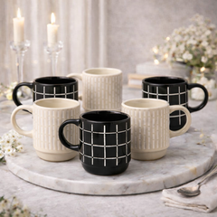 Pack of 6 Ceramic Grid Pattern Mug Set – Black & Beige Coffee & Tea Cups