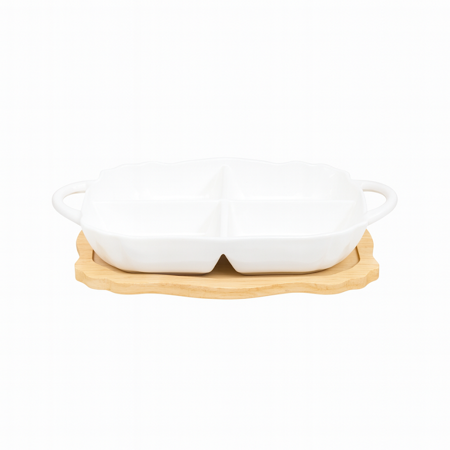 Stylish 4-Portion Serving Dish with Wooden Base