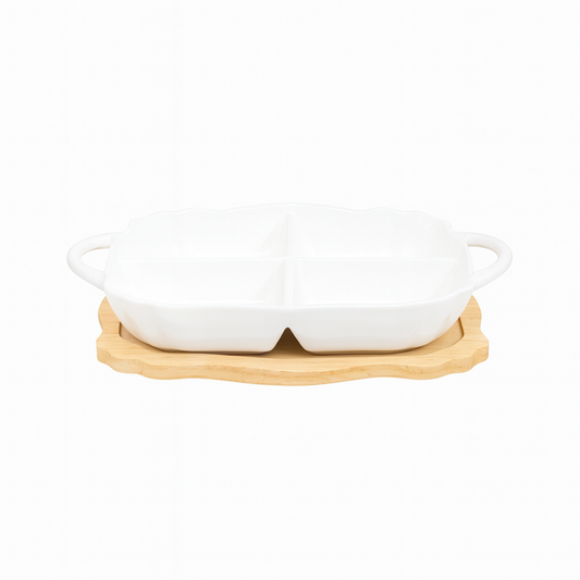 Stylish 4-Portion Serving Dish with Wooden Base