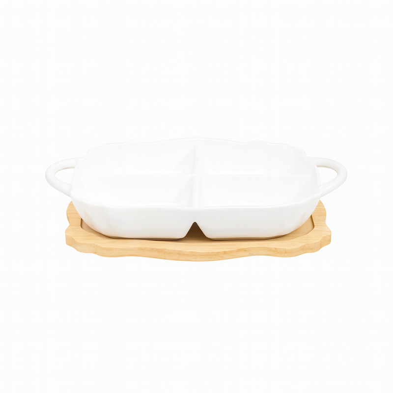 Stylish 4-Portion Serving Dish with Wooden Base - Habitt