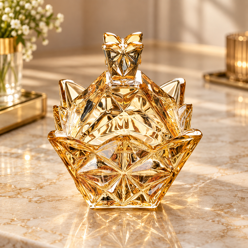 Delisoga Candy Pot with Lid – Decorative Crystal-Style Glass Candy Jar for Sweets, Chocolates, Dry Fruits, Nuts & Elegant Table Décor