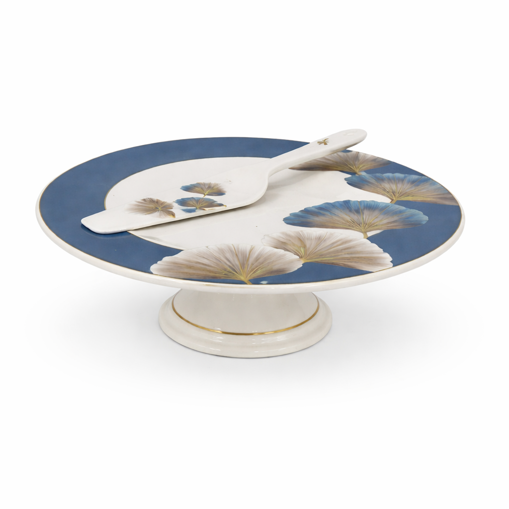 Elegant Blue Floral Cake Stand Set with Server – Classic Pedestal Cake Plate