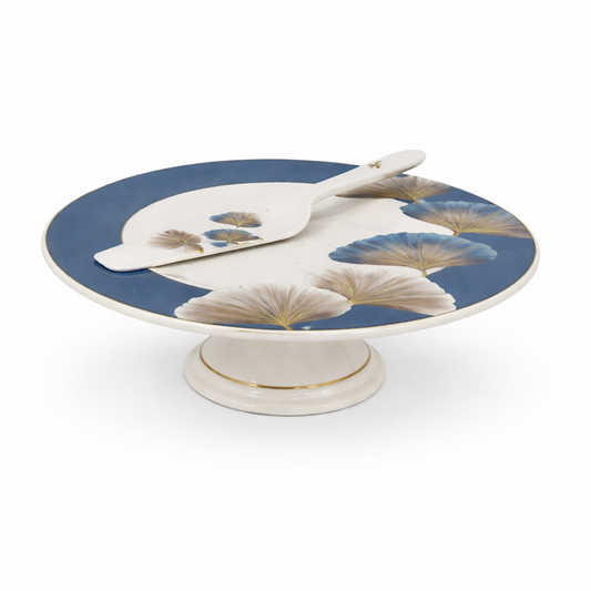 Elegant Blue Floral Cake Stand Set with Server – Classic Pedestal Cake Plate