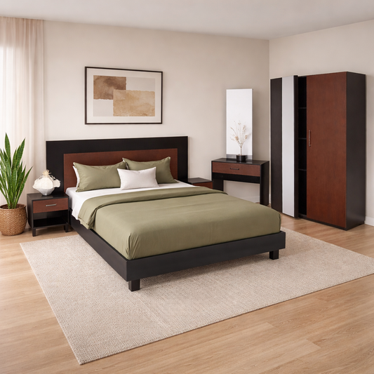 Ozmane Dark Tune Set  (bed with sides, dresser, mirror and 2 door wardrobe) - Habitt