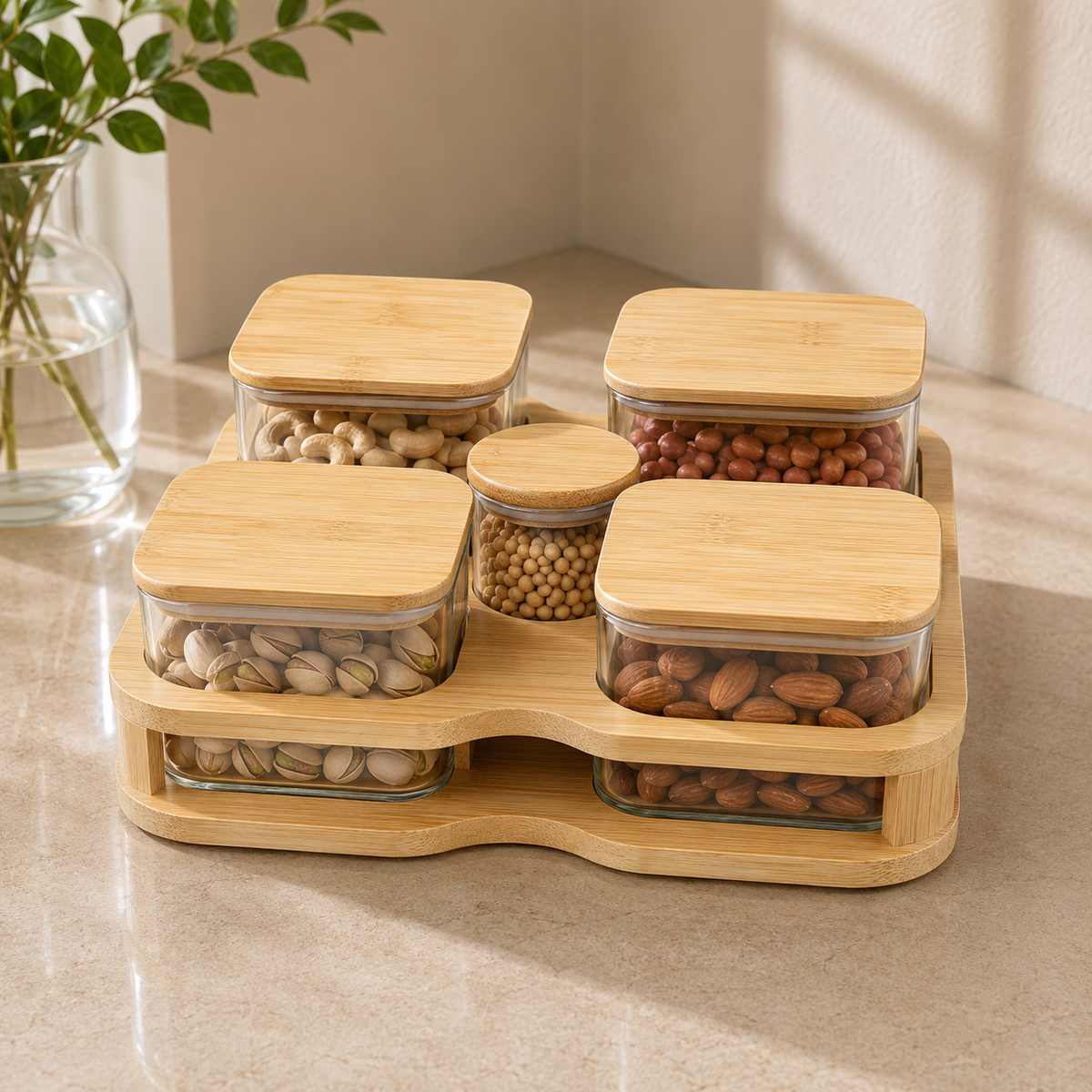 5 Piece Transparent Jar Set with Wooden Lids & Wooden Stand | Kitchen Storage Organizer