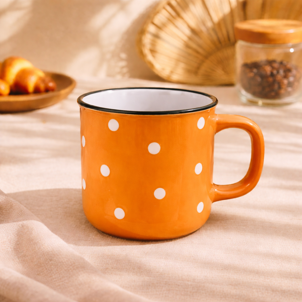 Orange Polka Dot Ceramic Coffee Mug | Cute Pastel Tea Cup with White Dots Design - Habitt