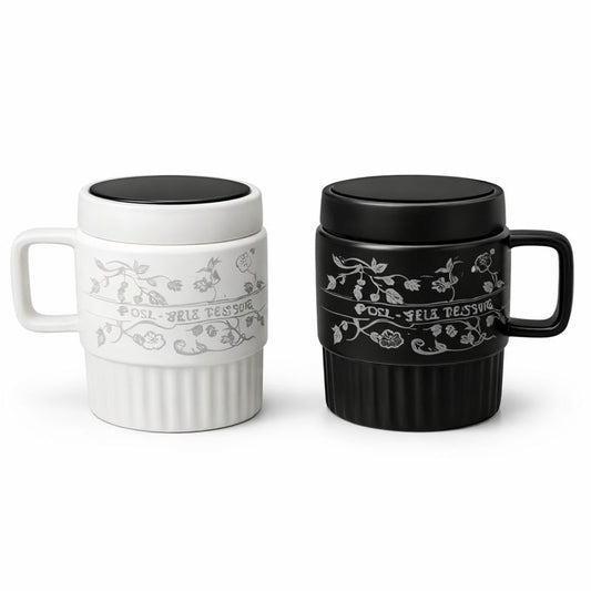 Ceramic Wishing Mug – Elegant White & Black Coffee Mug with Lid