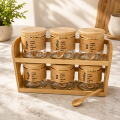 7PC Spice Rack Glass Jars with Bamboo Wood Stand – Kitchen Spice & Seasoning Storage Organizer Set