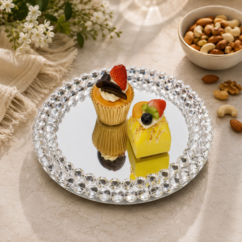 Luxury 10-Inch Crystal Beaded Mirrored Cake Stand Dessert Display Tray | Elegant Round Cake Dish for Weddings, Birthdays, Parties, Home Décor & Special Events