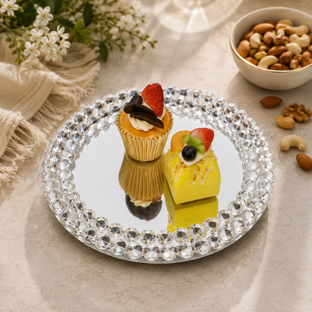 Luxury 10-Inch Crystal Beaded Mirrored Cake Stand Dessert Display Tray | Elegant Round Cake Dish for Weddings, Birthdays, Parties, Home Décor & Special Events