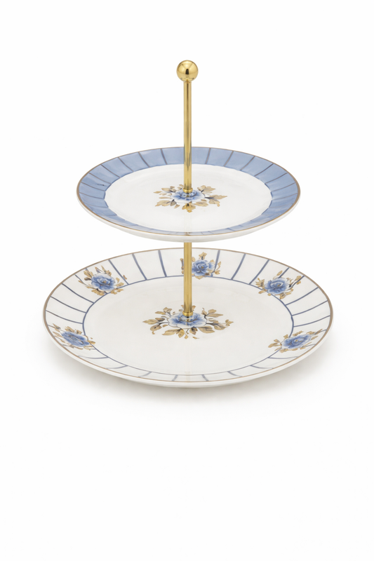 Blue Rose 2-Tier Pastry Stand – Elegant Ceramic Dessert & Snack Holder