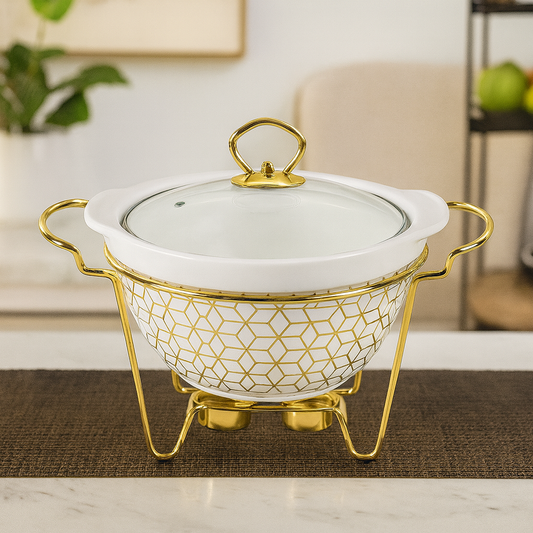 2.6L Deep Round Ceramic Casserole With Gold Stand – Elegant Serving & Warming Dish