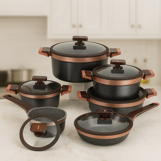 12-Piece Cookware Set – Grey &amp; Copper Finish (Nonstick, Glass Lids)