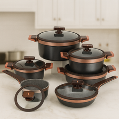 12-Piece Cookware Set – Grey &amp; Copper Finish (Nonstick, Glass Lids)
