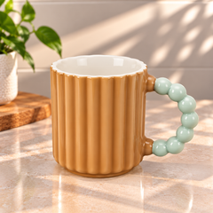 Pastel Ribbed Ceramic Coffee Mug with Beaded Handle – Cute Tea & Coffee Cup