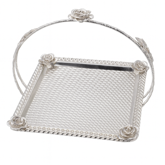 Floral Square Basket – Small Silver Decorative Serving & Display Basket