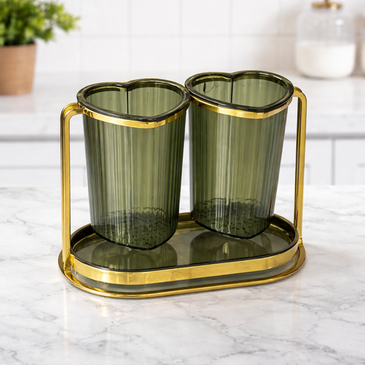 Spoon Stand – Dual Cup Cutlery Holder with Gold Frame - Habitt