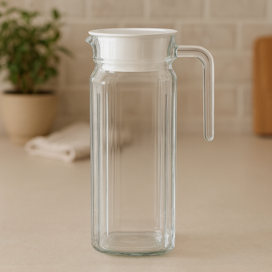 Clear Glass Jug 1150 ml with Handle & White Lid – Slim Premium Water & Juice Pitcher
