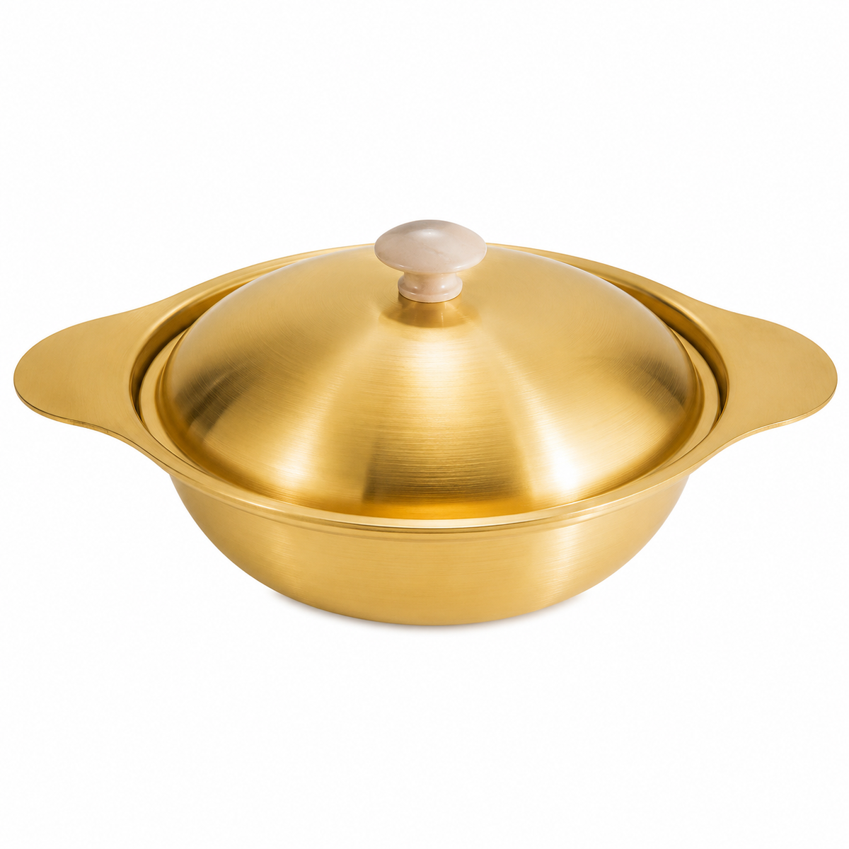 Golden Serving Bowl with Wooden Knob Lid