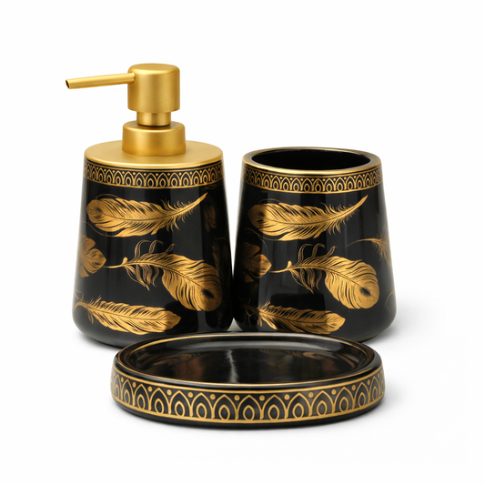 4-Piece Bathroom Accessories Set – White & Black with Gold Leaf Design Soap Dispenser, Toothbrush Holder & Soap Dish - Habitt