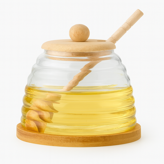 Glass Honey Jar with Wooden Lid & Dipper – Beehive Design