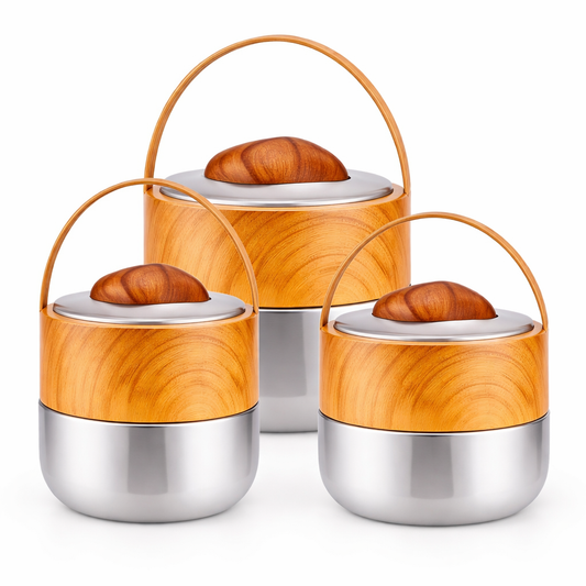 Wooden Finish Hot Pot Set – 3 Pcs Insulated Casserole Set