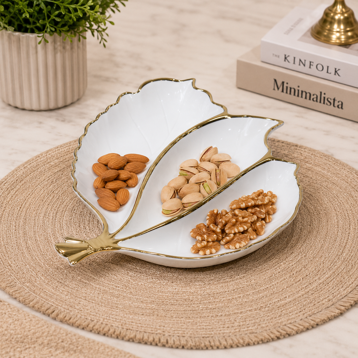 Elegant White & Gold Triple Leaf Shaped Divided Dry Fruit Serving Plate for Nuts, Snacks, Candies & Festive Table Décor