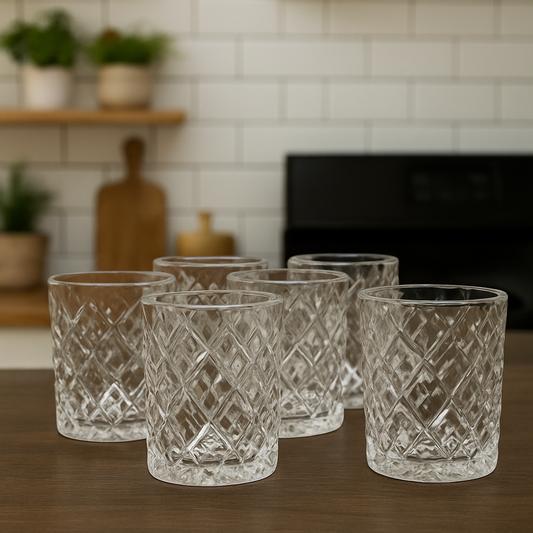 Diamond-Cut Tumbler Glass Set 340 ml – Premium Heavy Glass Drinkware (6 Pcs)