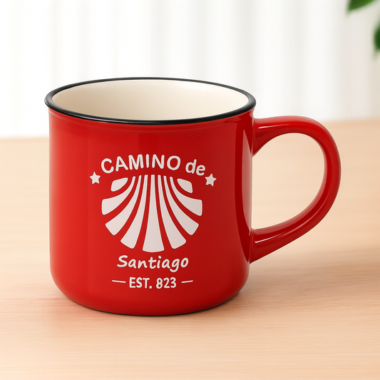 Camino de Santiago Enamel-Style Ceramic Mug – Travel-Inspired Coffee & Tea Cup in Red