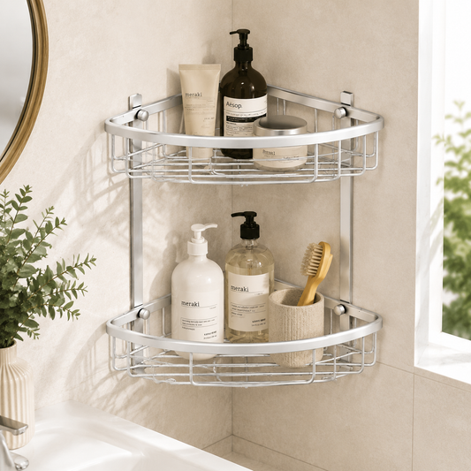 2-Tier Aluminum Corner Shower Shelf – Rustproof Bathroom Organizer