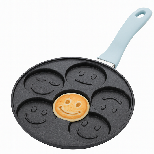 7-Hole Smiley Face Non-Stick Frying Pan – Fun Pancake &amp; Egg Maker | Marble Coating Pan with Soft-Touch Handle | ECOM Smiley Breakfast Pan