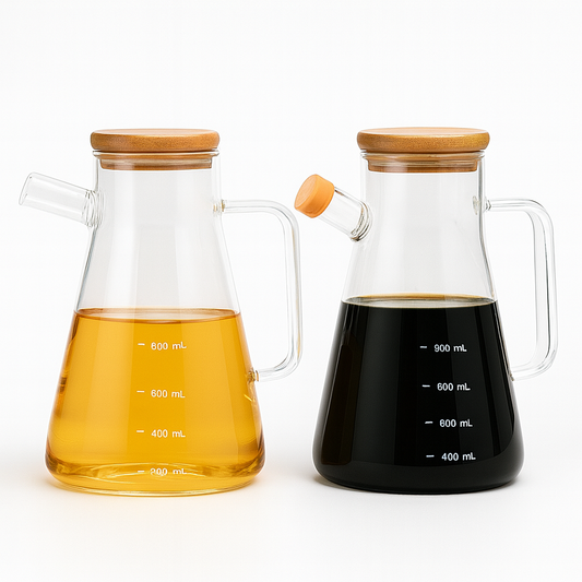 1Pc Glass Oil Pot 900ml with Bamboo Lid – Heat-Resistant Dispenser