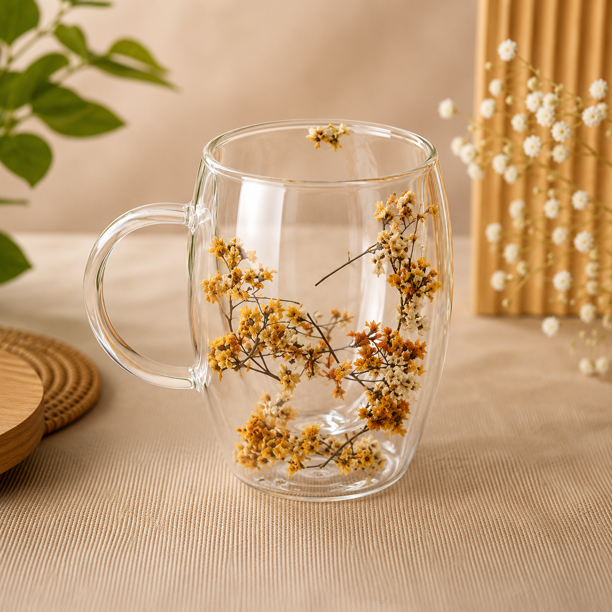 Rustic Floral Double Wall Glass Mug – Handmade Transparent Tea & Coffee Cup - Habitt