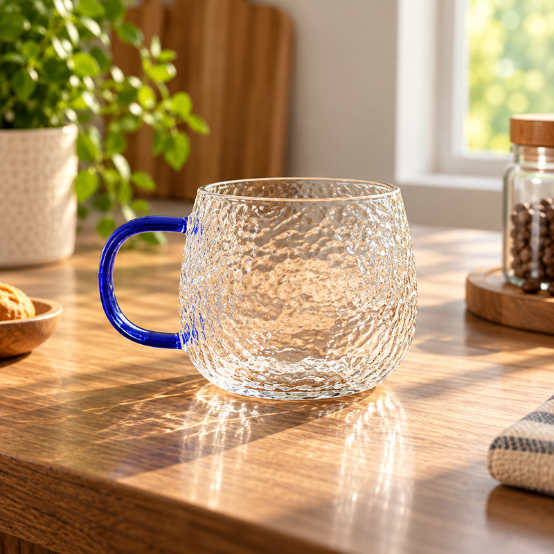 Textured Glass Mug with Blue Handle – 1 Pc