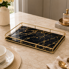 Luxury Gold Decorative Serving Tray with Marble Finish | Premium Rectangular Display Tray