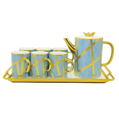 Luxury Tea Set with Tray – 9 Pieces | White, Black, Blue & Light Blue
