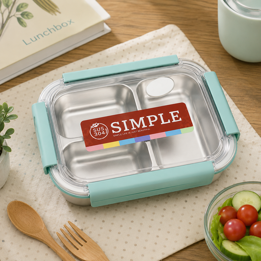 3 Compartment Stainless Steel Lunch Box with Spoon | Leakproof Bento Lunch Box for School, Office & Travel | Reusable Food Storage Container