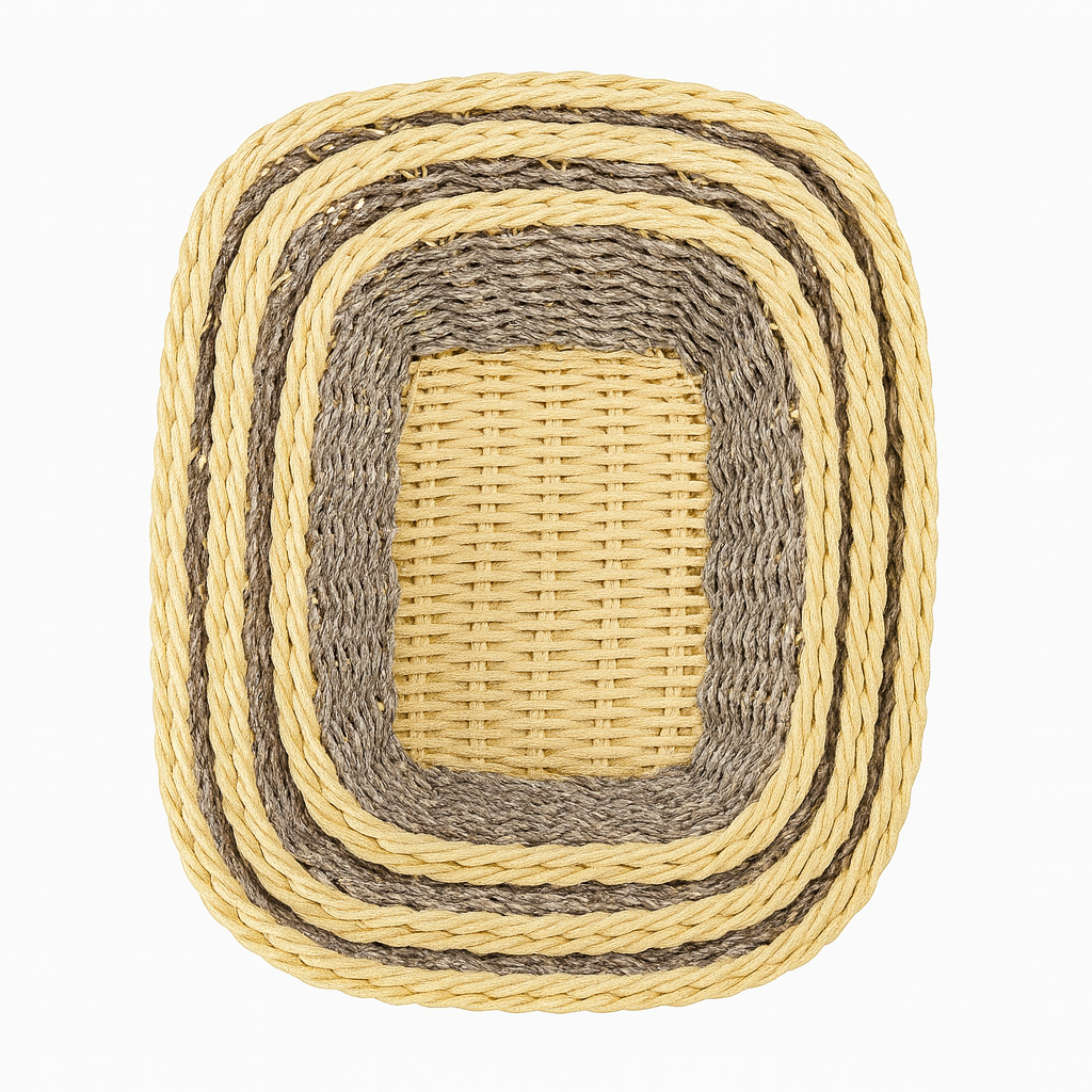 3-Piece Handwoven Square Cane Bread Basket Set – Dual-Tone Natural & Grey Rattan Serving Baskets for Dining, Kitchen & Restaurant
