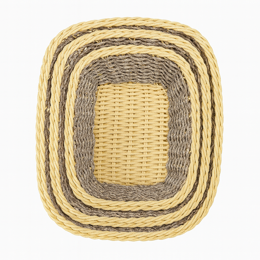 3-Piece Handwoven Square Cane Bread Basket Set – Dual-Tone Natural & Grey Rattan Serving Baskets for Dining, Kitchen & Restaurant