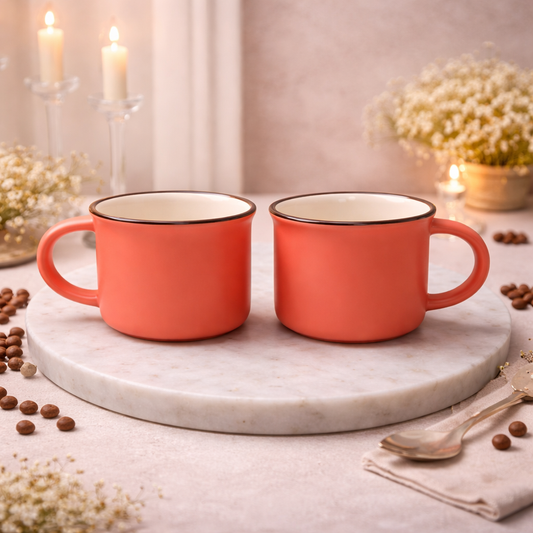 Pack of 2 Mini Coral Orange Ceramic Coffee Mugs| Matte Finish Tea Cups with Contrast Rim - Habitt