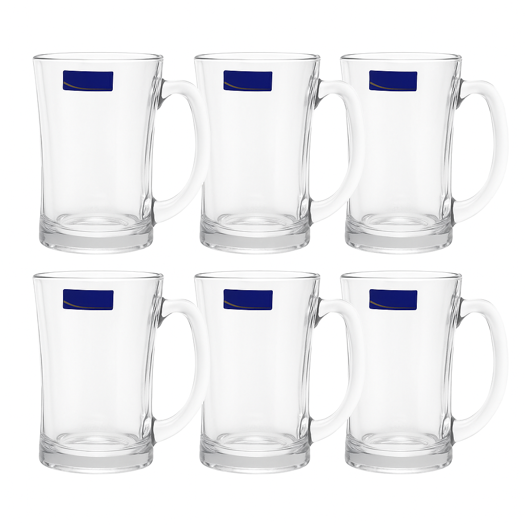 Wavy-Edge Clear Glass Juice Mug 380 ml with Handle – Set of 6 | Premium Textured Drinkware for Home &Café